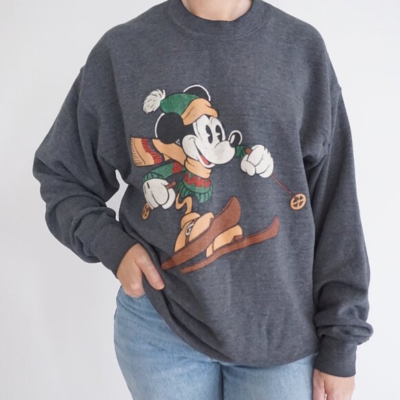 Vintage Mickey & Co Sweatshirt Gray Ski Graphic Disney Pullover 90s Cartoon L - Picture 1 of 12